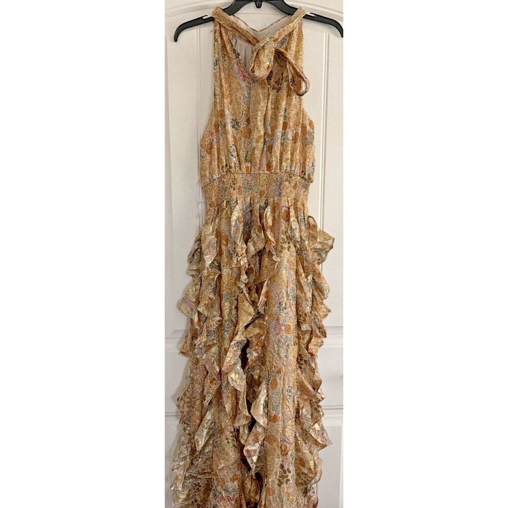 1.STATE Women's Sleeveless Cascading Ruffle Maxi Dress Cream Gold Multi Size M - Picture 12 of 15